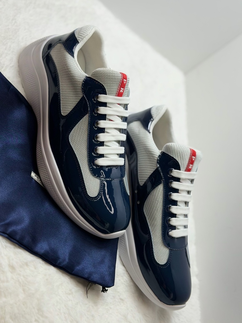 Women's Navy and White Patent Mesh Lace-Up Sneakers with Red Accent